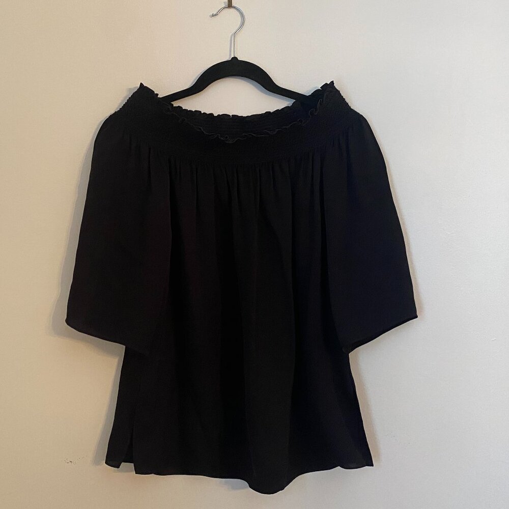 Theory Black Elistaire Off The Shoulder 100% Silk Blouse Top Black Size P (XS) - Picture 2 of 6